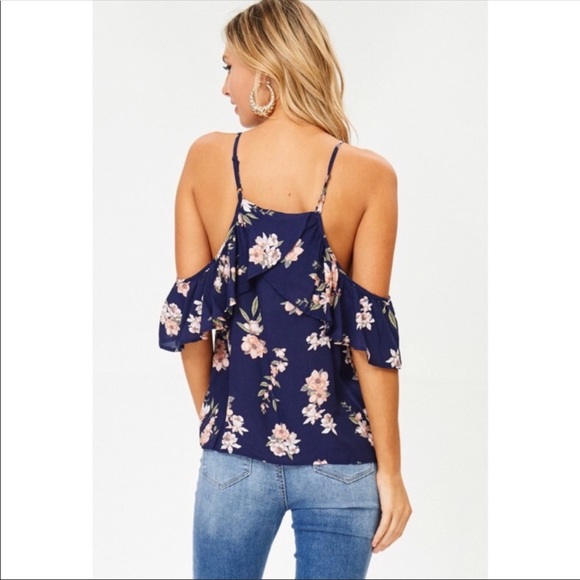 Sexy Navy Floral Open Shoulder Top - Picture 4 of 4